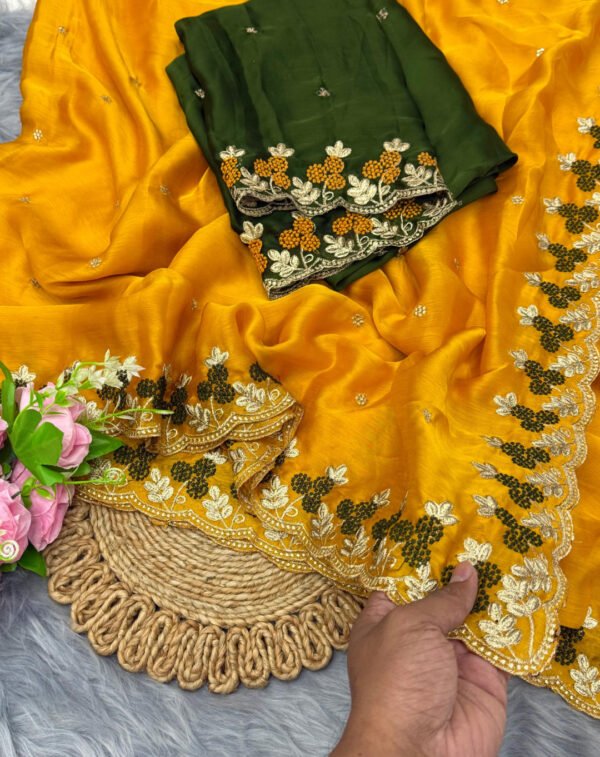 Firoji fancy satin chiffon saree with embroidery work - Image 6