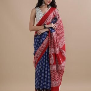 Blue colour pure mulmul cotton saree with bagru hand block printed work