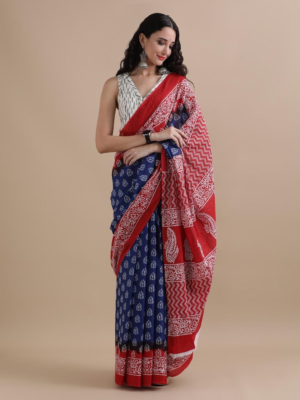 Blue colour pure mulmul cotton saree with bagru hand block printed work