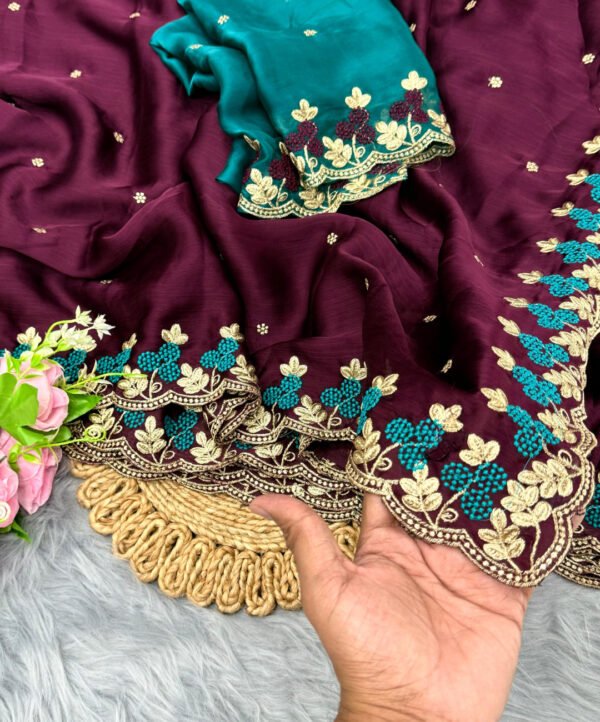 Firoji fancy satin chiffon saree with embroidery work - Image 4