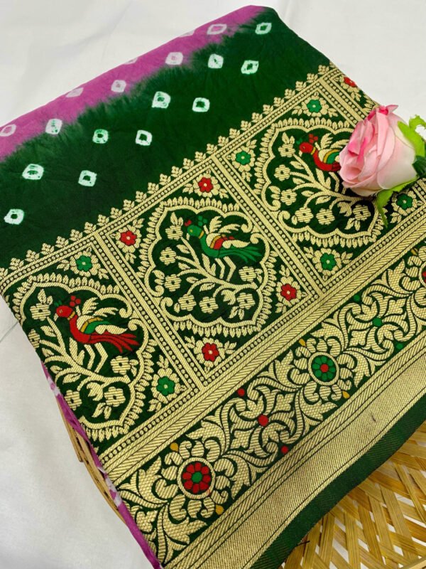 Pink and purple color bandhej silk saree with meenakari weaving work - Image 8