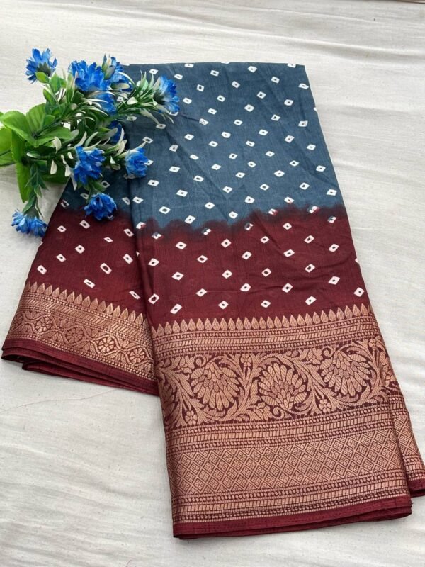 Gray and maroon hand bandhej bandhani saree with zari weaving border & printed pallu - Image 2