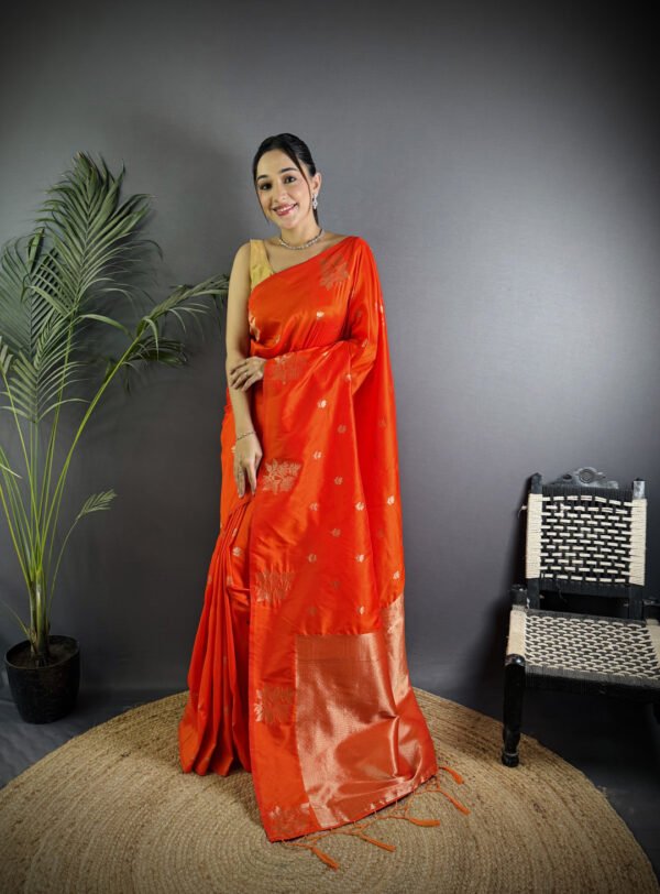 Firoji colour soft lichi silk saree with golden zari weaving work - Image 5