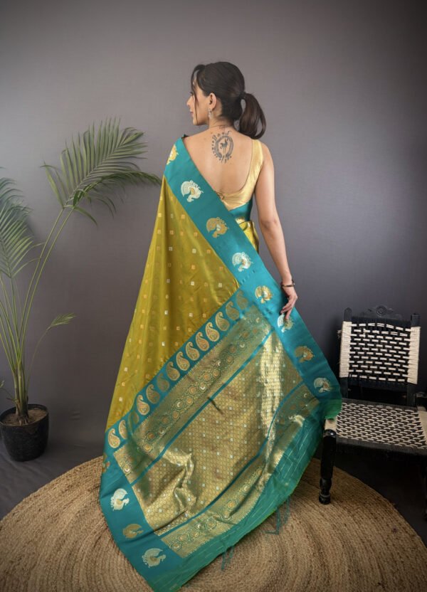 Mahendi green traditional banarasi silk saree with zari weaving work - Image 3