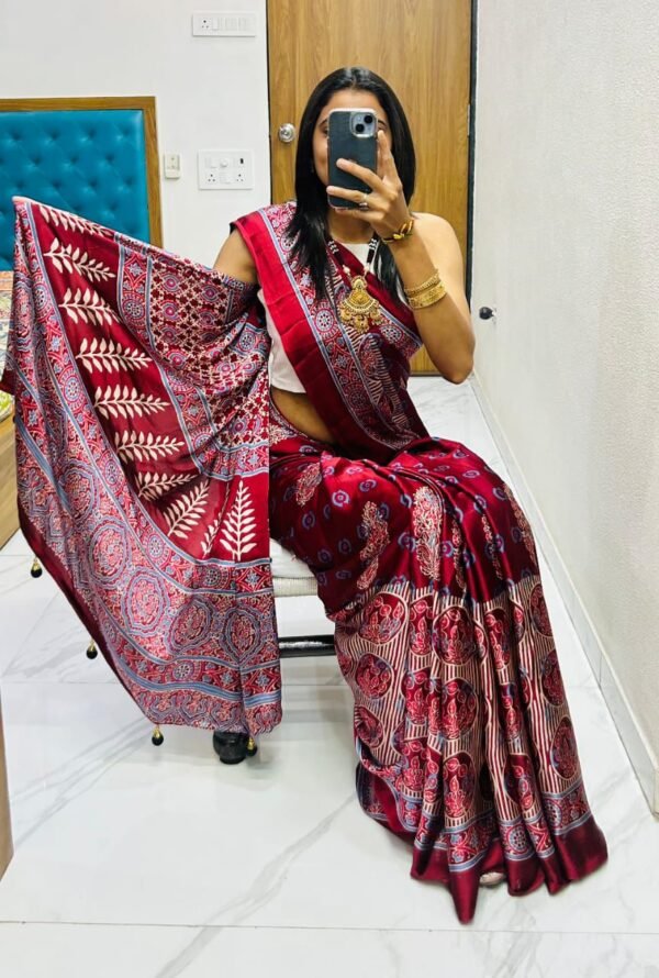 Wine fancy ajrakh printed crepe silk saree - Image 9
