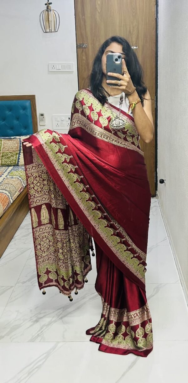 Wine fancy ajrakh printed crepe silk saree - Image 8