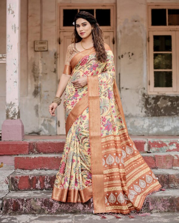 Multi digital printed tussar silk saree with zari motif border - Image 9