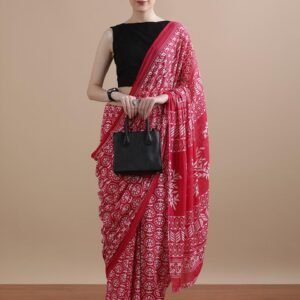 Pink colour pure mulmul cotton saree with bagru hand block printed work