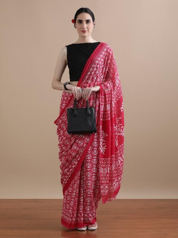 Pink colour pure mulmul cotton saree with bagru hand block printed work