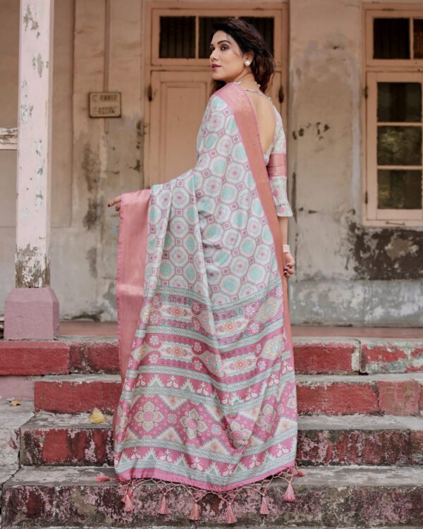 Multi digital printed banarasi silk saree with gold zari border - Image 8