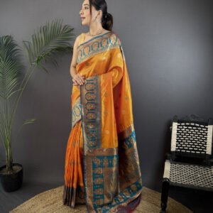 Orange traditional banarasi silk saree with zari weaving work