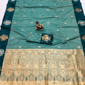 Rama green traditional soft silk saree with zari woven work