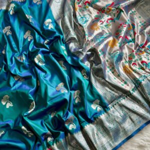 Rama green traditional paithani silk saree with zari weaving work