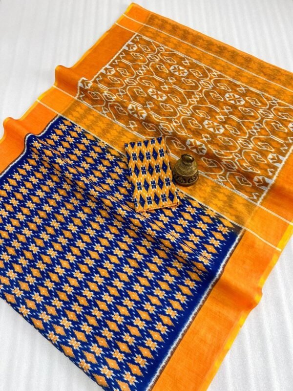 Off white linen cotton saree with batik printed work - Image 2