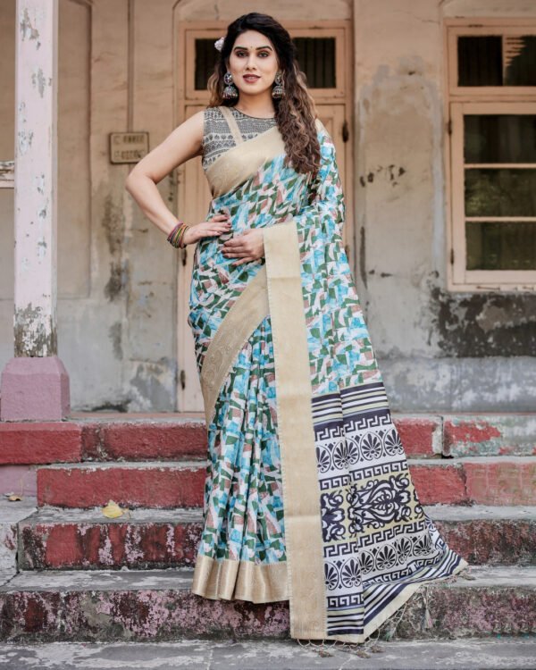Multi digital printed tussar silk saree with zari motif border