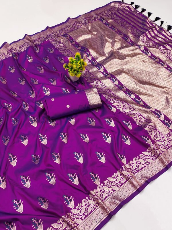 Peach premium banarasi silk saree with meenakari zari weaving work - Image 5