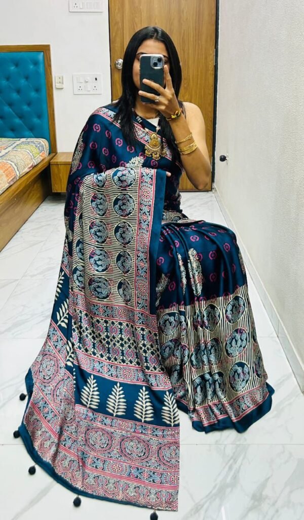 Wine fancy ajrakh printed crepe silk saree - Image 7