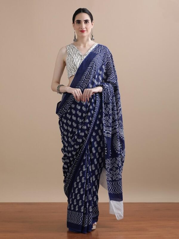 Yellow pure mulmul cotton saree with bagru hand block printed work - Image 9