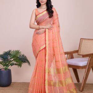 Peach kota doriya saree with zari weaving work