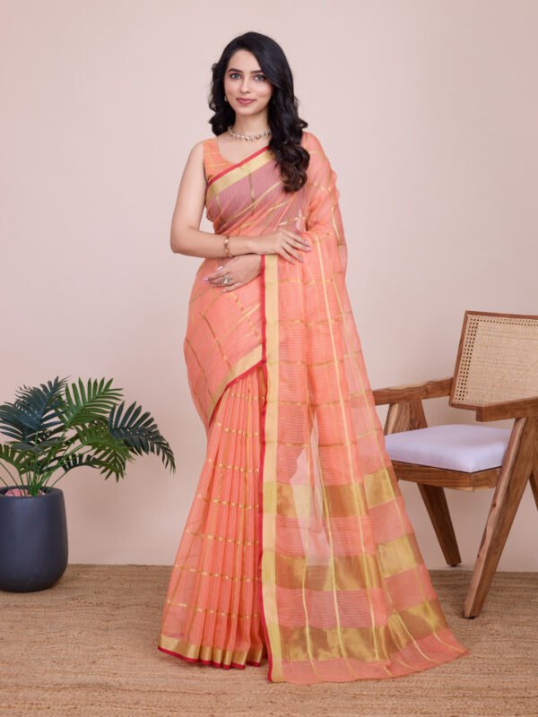 Peach kota doriya saree with zari weaving work