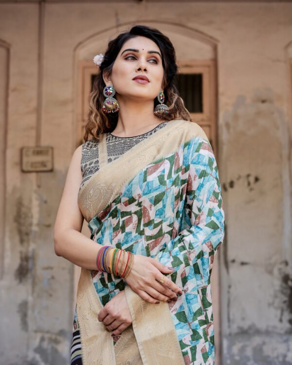 Multi digital printed tussar silk saree with zari motif border - Image 4