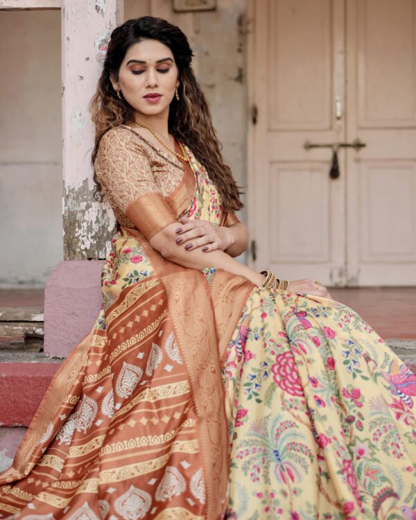Multi digital printed tussar silk saree with zari motif border - Image 10