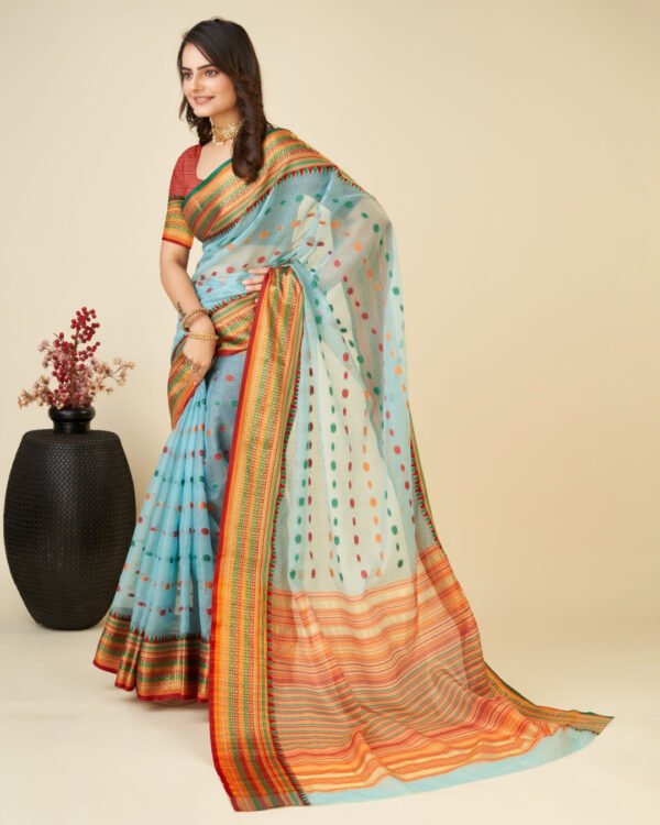 Peach color kota doriya saree with zari weaving work - Image 5