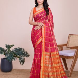 Pink kota doriya saree with zari weaving work