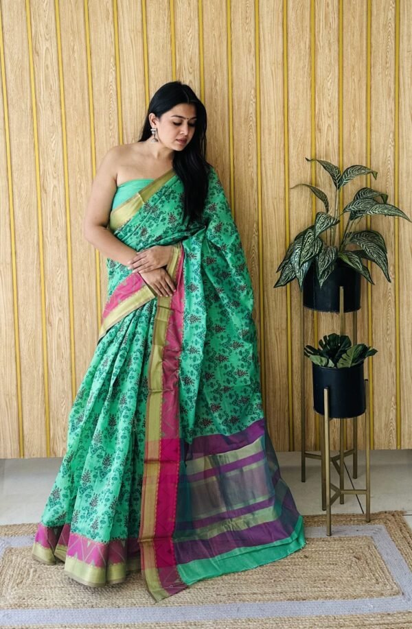 Sea green colour soft cotton saree with jacquard border