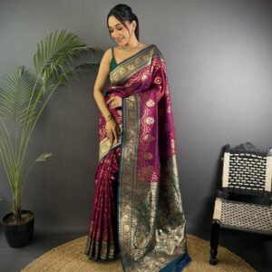 Wine premium banarasi silk saree with zari weaving work