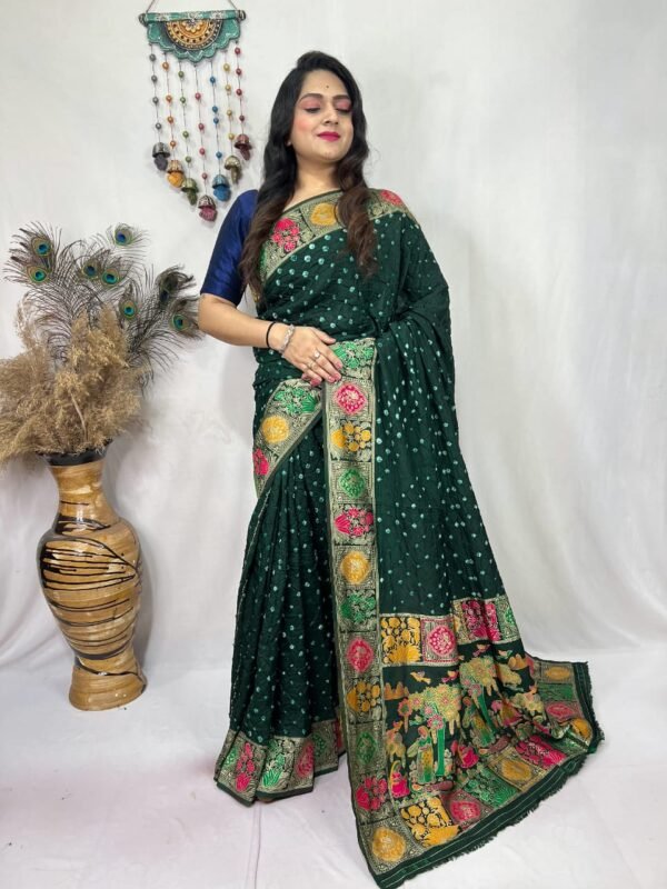Rani pink pure dupion silk hand bandhej bandhani saree - Image 5
