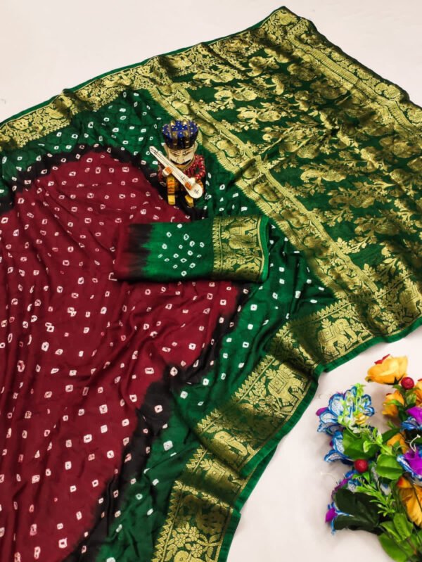 Mahendi green and purple hand bandhej bandhani saree with zari weaving border - Image 6