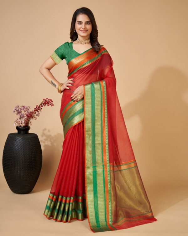 Red color kota doriya saree with zari weaving work - Image 3