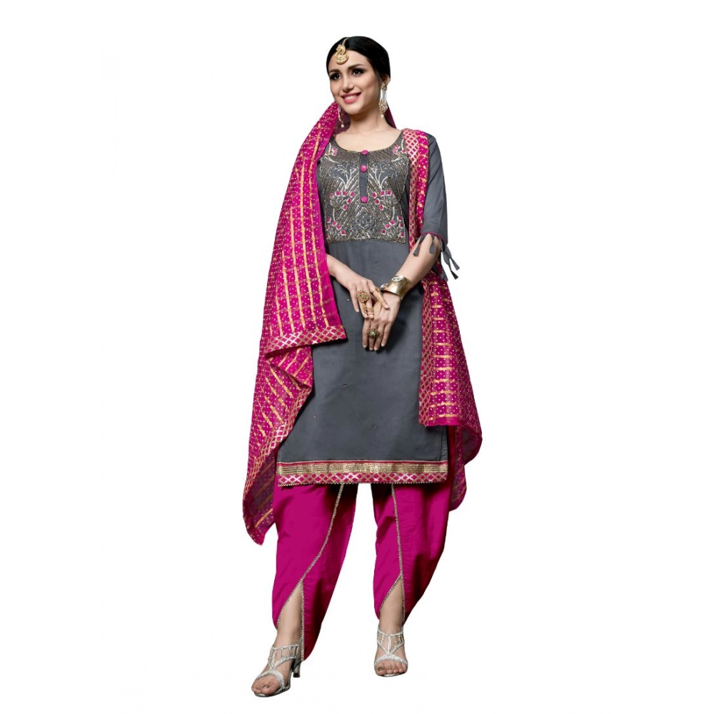 Generic Women’s Cotton Unstitched Salwar-Suit Material With Dupatta (Grey, 2-2.5mtrs)
