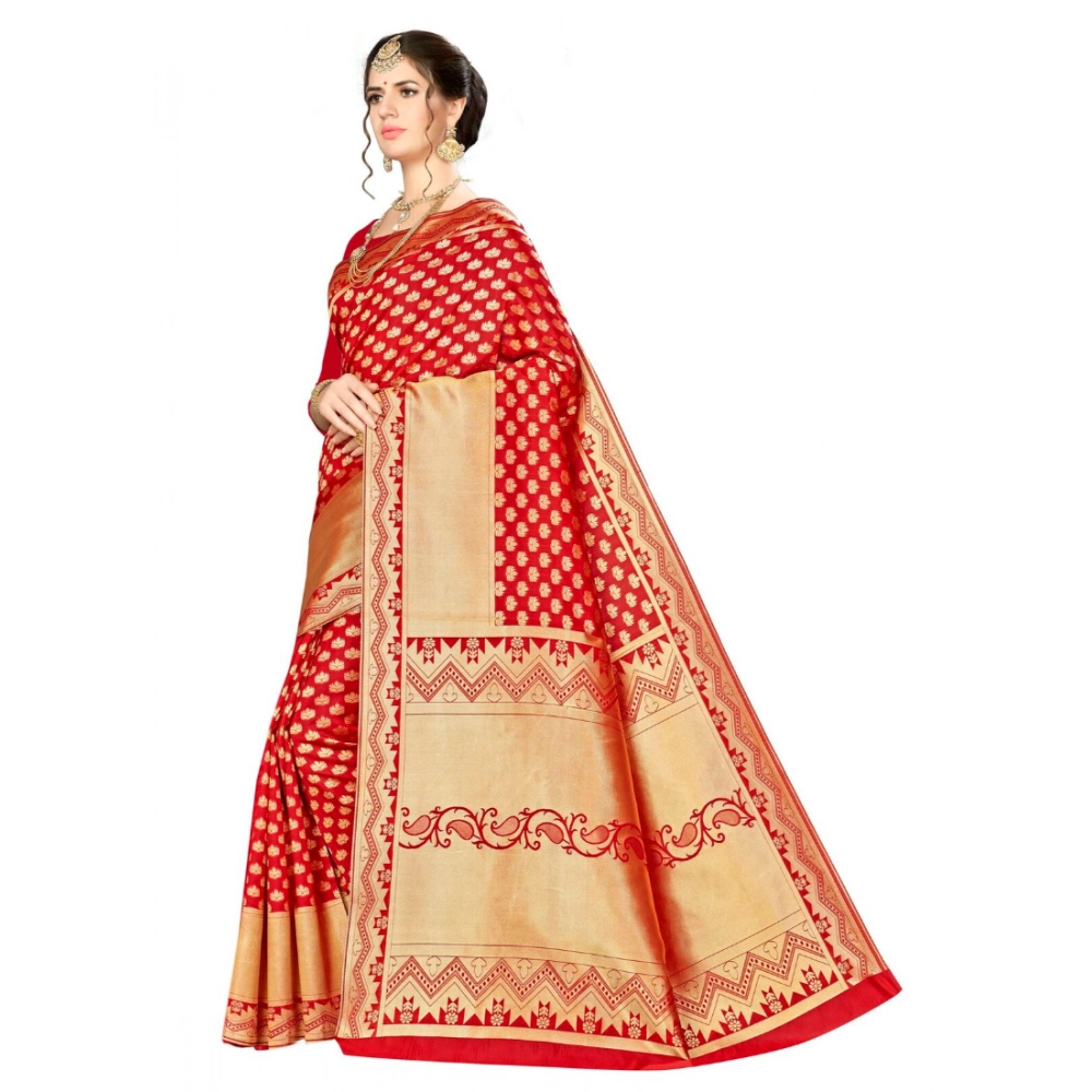 Generic Women's Banarasi silk Saree with Blouse (Red, 5-6mtr) - Image 3