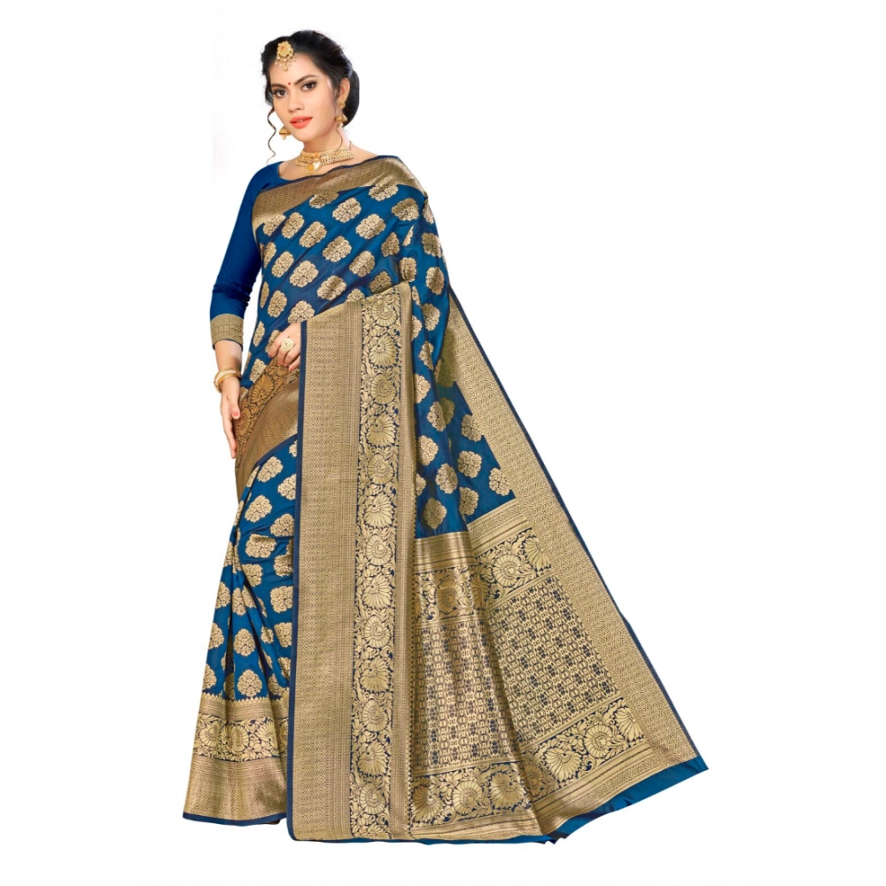 Generic Women’s Banarasi silk Saree with Blouse (Navy blue, 5-6mtr)