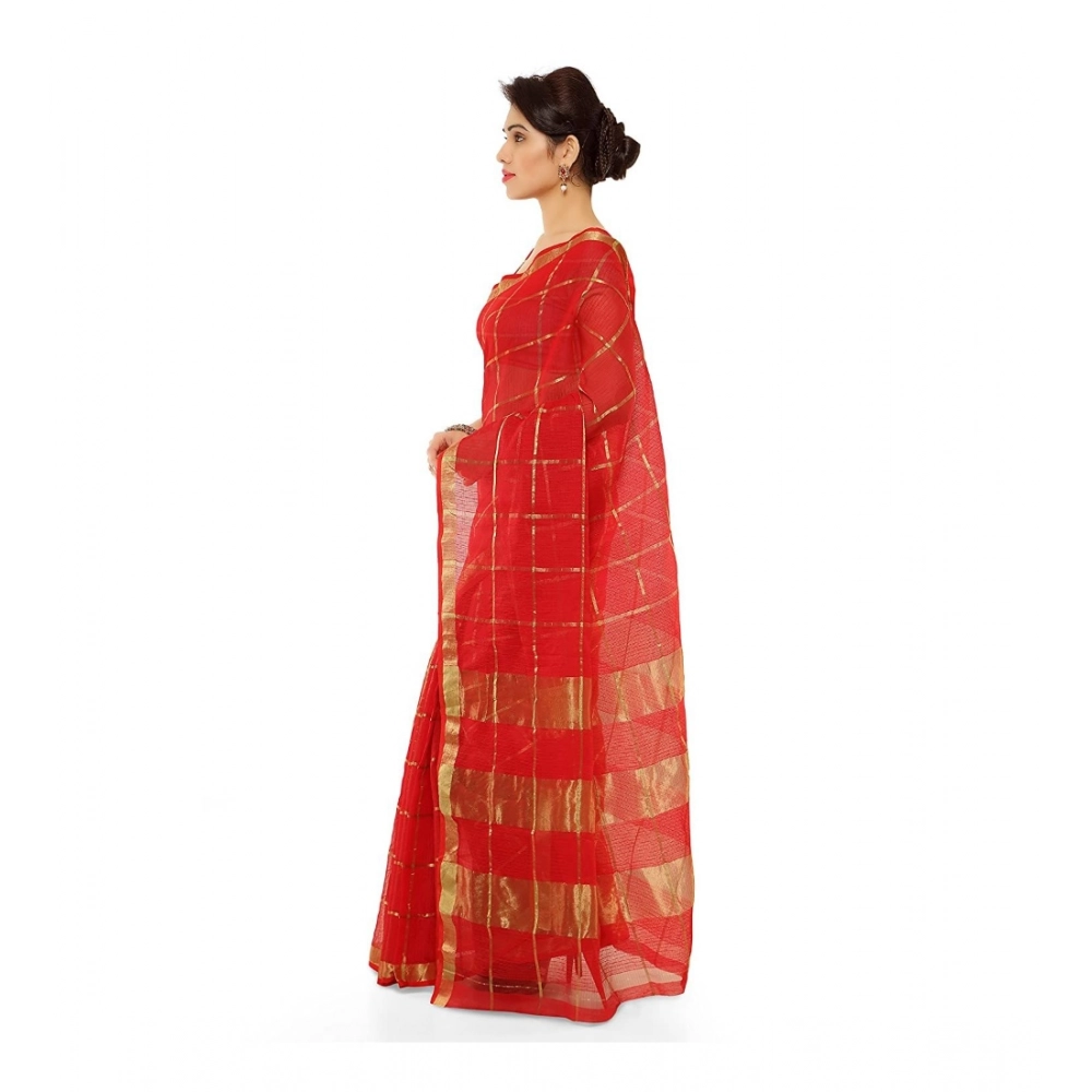 Generic Women's Kota Doria Cotton Saree With Blouse (Red,6-3 Mtrs) - Image 3