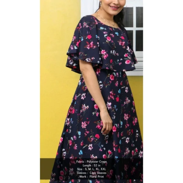 Generic Women's Crepe Floral Half Sleeves Full Length Gown(Dark Blue) - Image 3