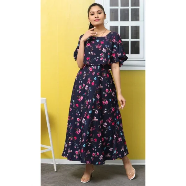 Generic Women's Crepe Floral Half Sleeves Full Length Gown(Dark Blue) - Image 6