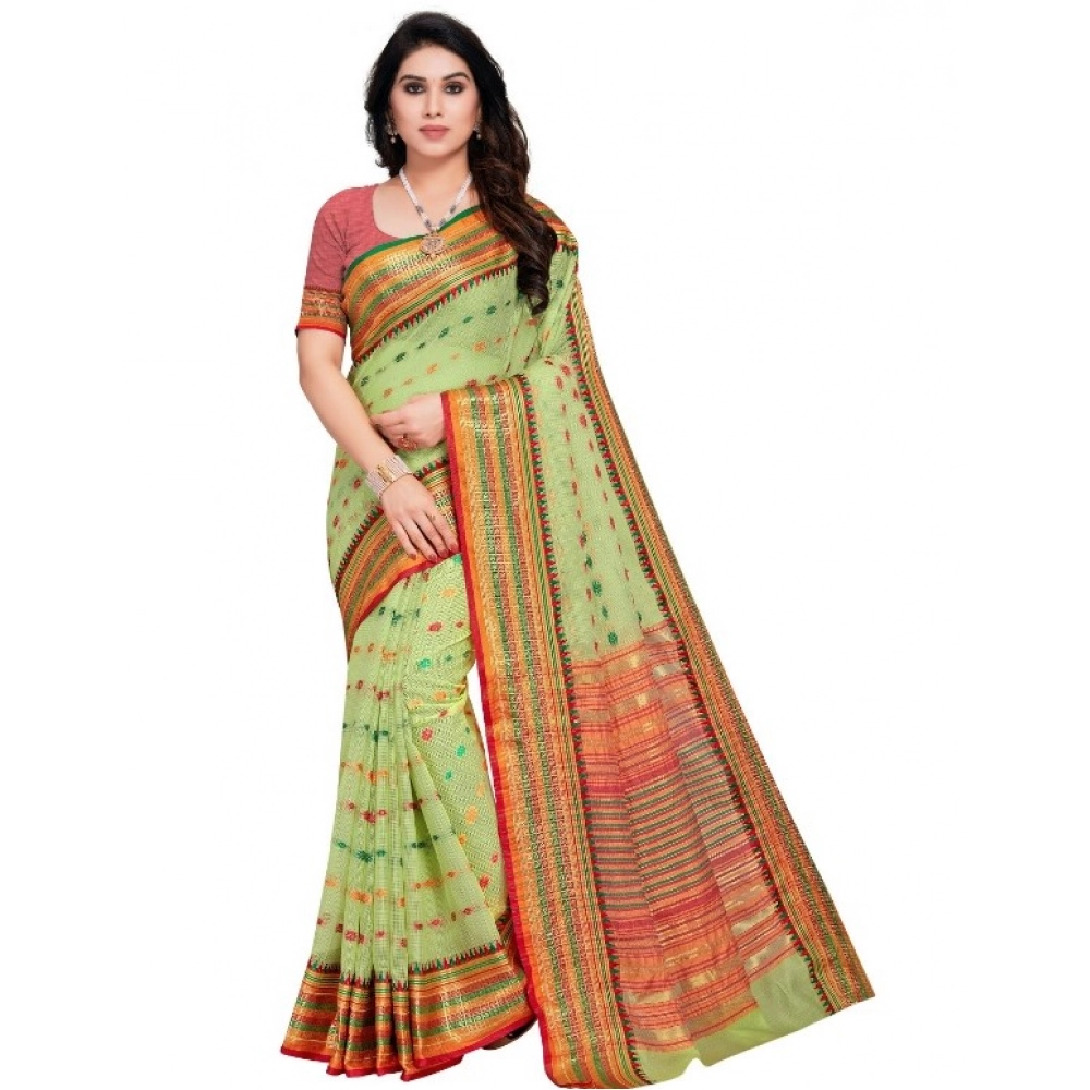 Generic Women’s Kota Doria Cotton Woven Butta Saree With Blouse (Light Green, 5-6 Mtrs)