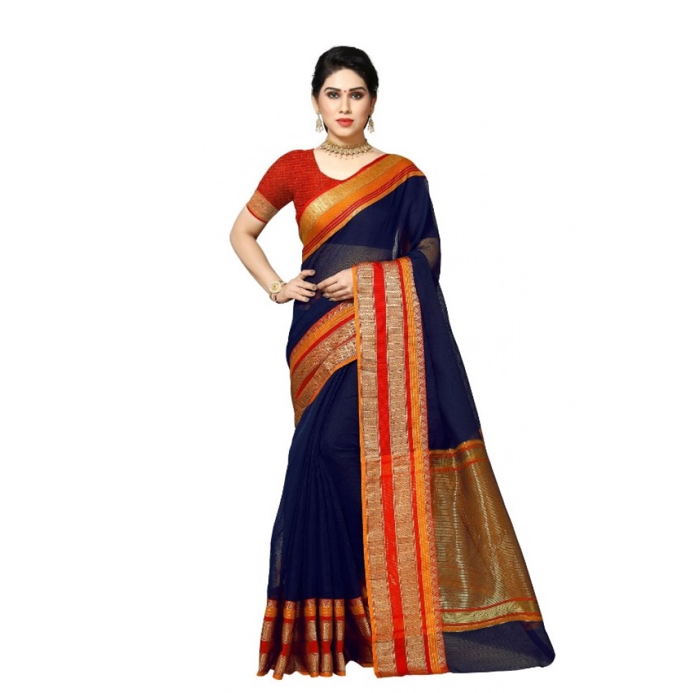 Generic Women’s Kota Doria Cotton Border Saree With Blouse (Navy Blue, 5-6 Mtrs)