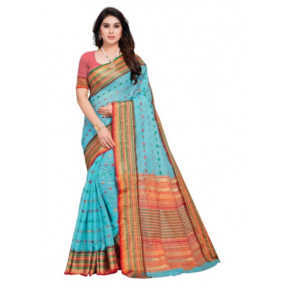 Generic Women’s Kota Doria Cotton Woven Butta Saree With Blouse (Sky Blue, 5-6 Mtrs)