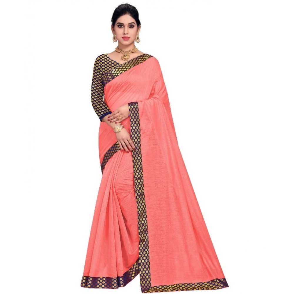 Generic Women’s Chanderi Cotton Lace Border Saree With Blouse (Peach, 5-6 Mtrs)