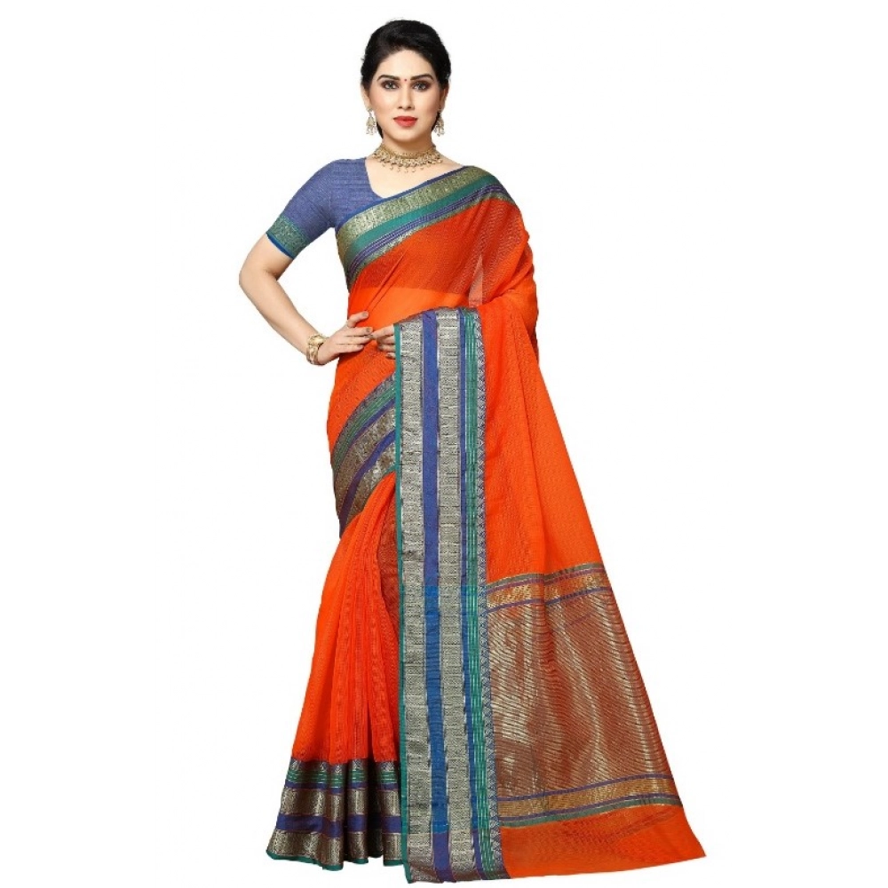 Generic Women’s Kota Doria Cotton Border Saree With Blouse (Fanta, 5-6 Mtrs)