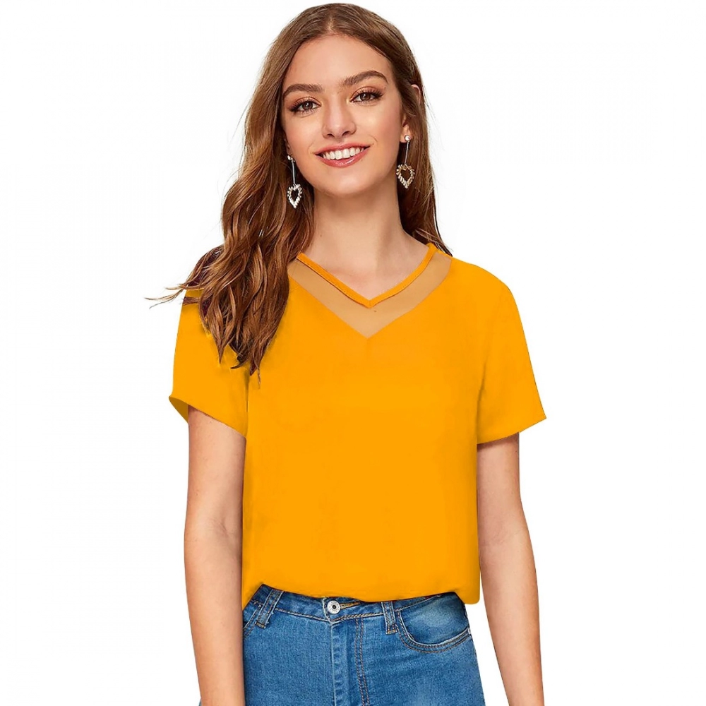 Generic Women’s Polyester, Knitting Western Wear T-Shirt (Yellow)