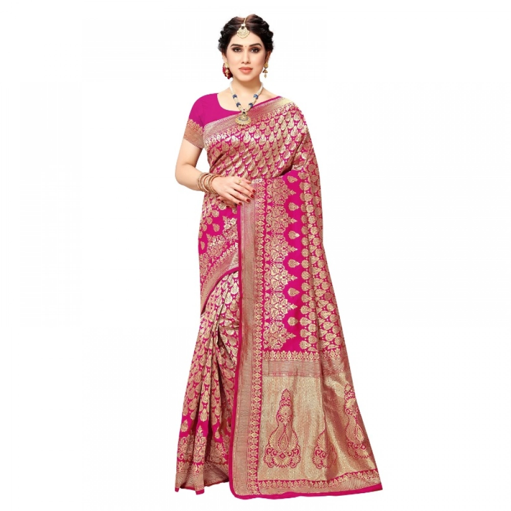 Generic Women’s Jacquard Silk Kanjivaram Jacquard Silk Saree With Blouse (Pink, 5-6 Mtrs)