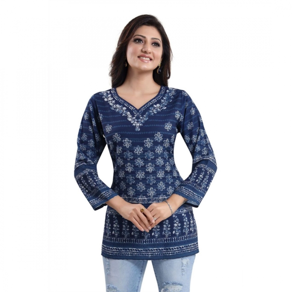 Generic Women's Quarter Sleeve Faux Crepe Printed Short Kurti Tunic Top (Color:Blue) - Image 4