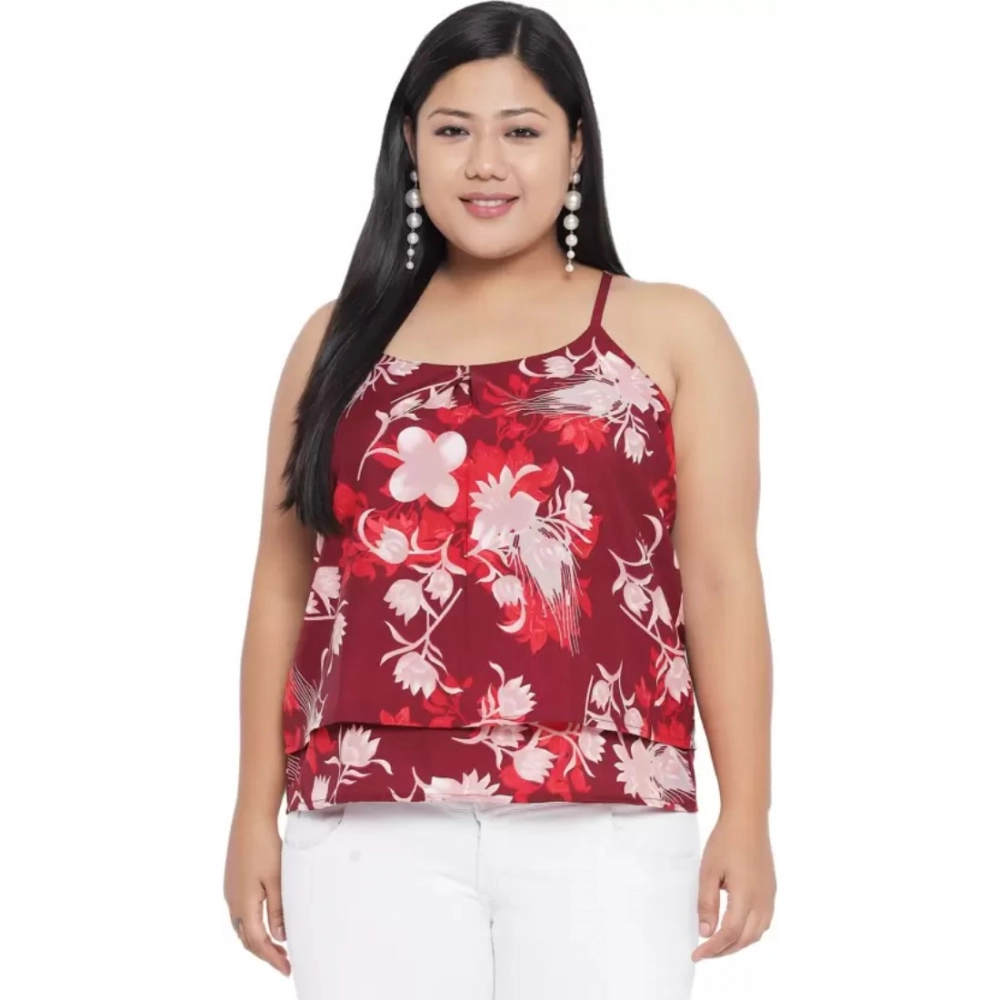 Generic Women’s Casual Floral Print Red Top (Color:Red, Material:Polyester)