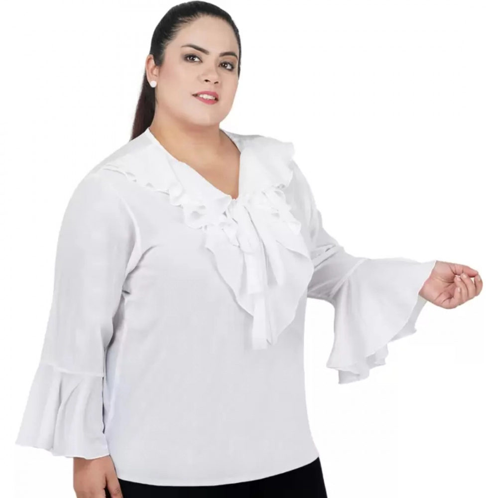 Generic Women's Casual Bell Sleeve Solid White Top (Color:White, Material:Georgette) - Image 5