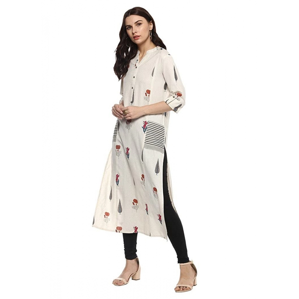 Generic Women's Khadi Printed A Line Kurti (Off White, Khadi) - Image 3